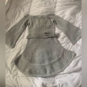 Small gray sweater dress with or without sash .  Off the shoulder
